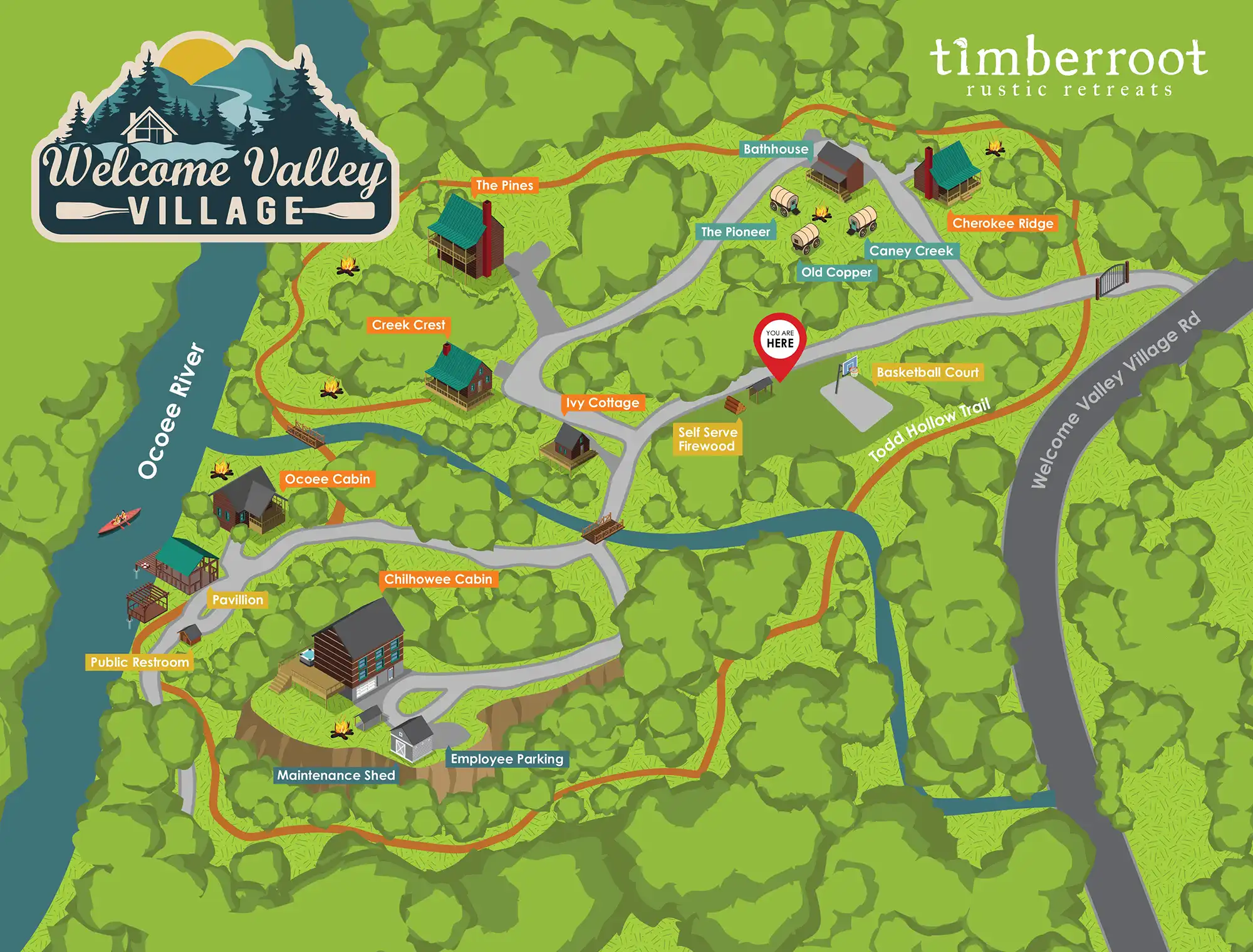Illustrated map of Welcome Valley Village showing the cabins, glamping wagons, pavilion, bathhouse, basketball court, trails, and the Ocoee River