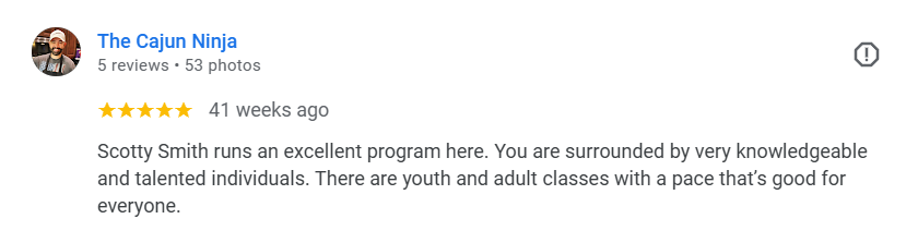 Screenshot of a Google review by The Cajun Ninja, a popular Facebook figure with over 1 million followers, praising the programs at Next Generation Martial Arts Thibodaux.