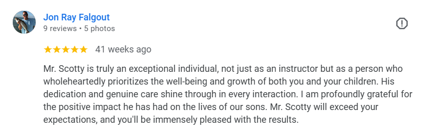 Screenshot of a Google review praising the children's martial arts program at Next Generation Martial Arts Thibodaux.