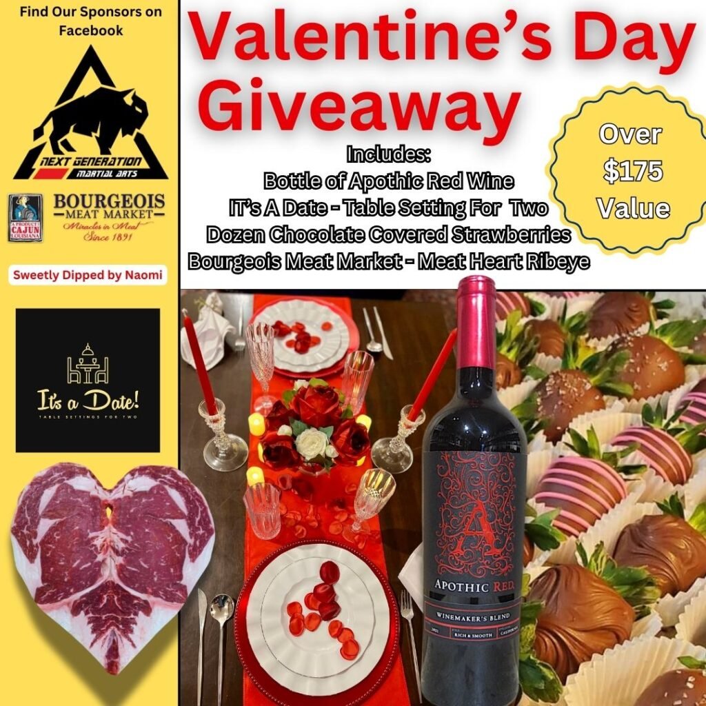 Flyer for Next Generation Martial Arts 2025 Valentine's Day Giveaway featuring a romantic dinner package with wine, heart-shaped steak, and chocolate strawberries.