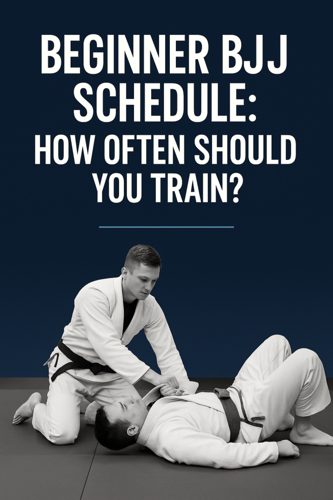 Two BJJ practitioners training on mats in white gis demonstrating a beginner BJJ schedule routine.