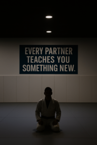 Brazilian Jiu Jitsu practitioner sitting in seiza on gray mats under soft lighting, with the quote 'Every partner teaches you something new' displayed on a blue wall banner.