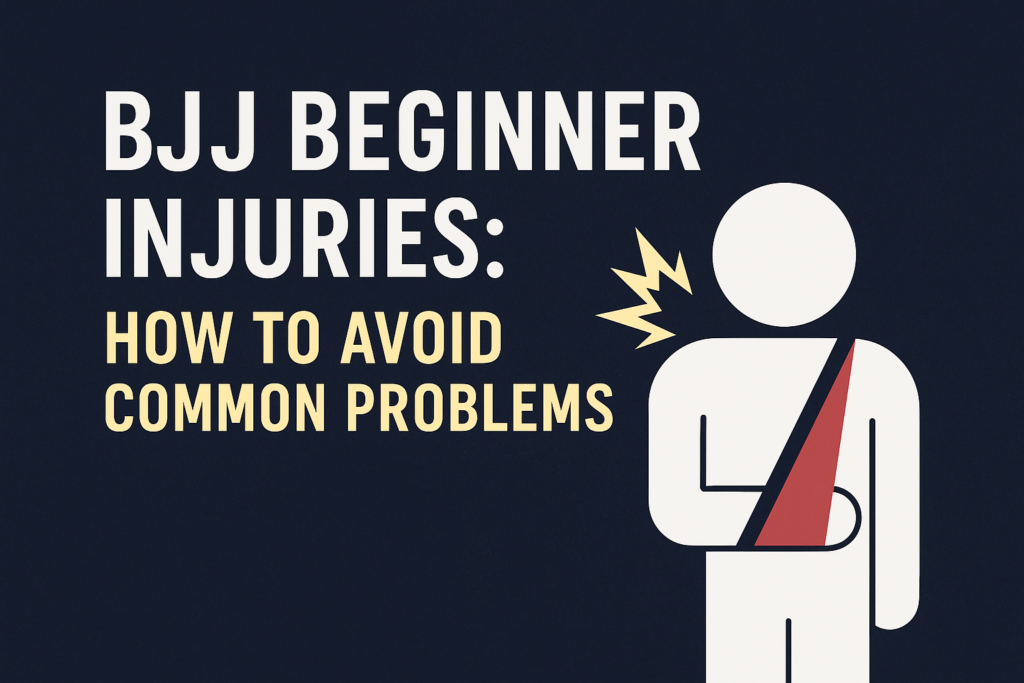 BJJ Beginner Injuries graphic with text: How to Avoid Common Problems, featuring a figure in a sling.