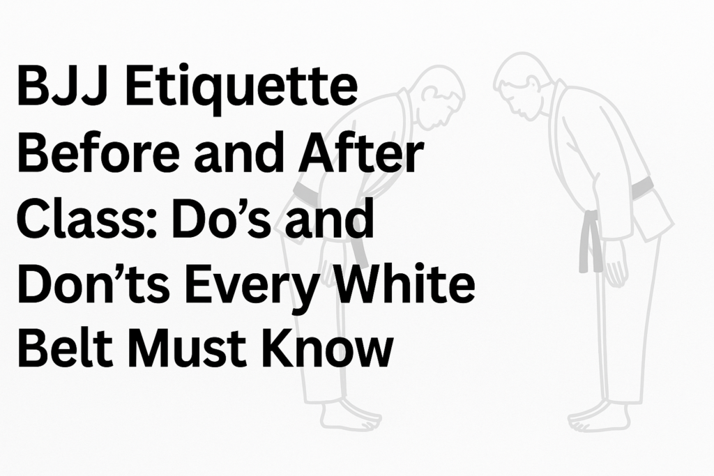 BJJ etiquette before and after class feature image with belts, gi, and water bottle