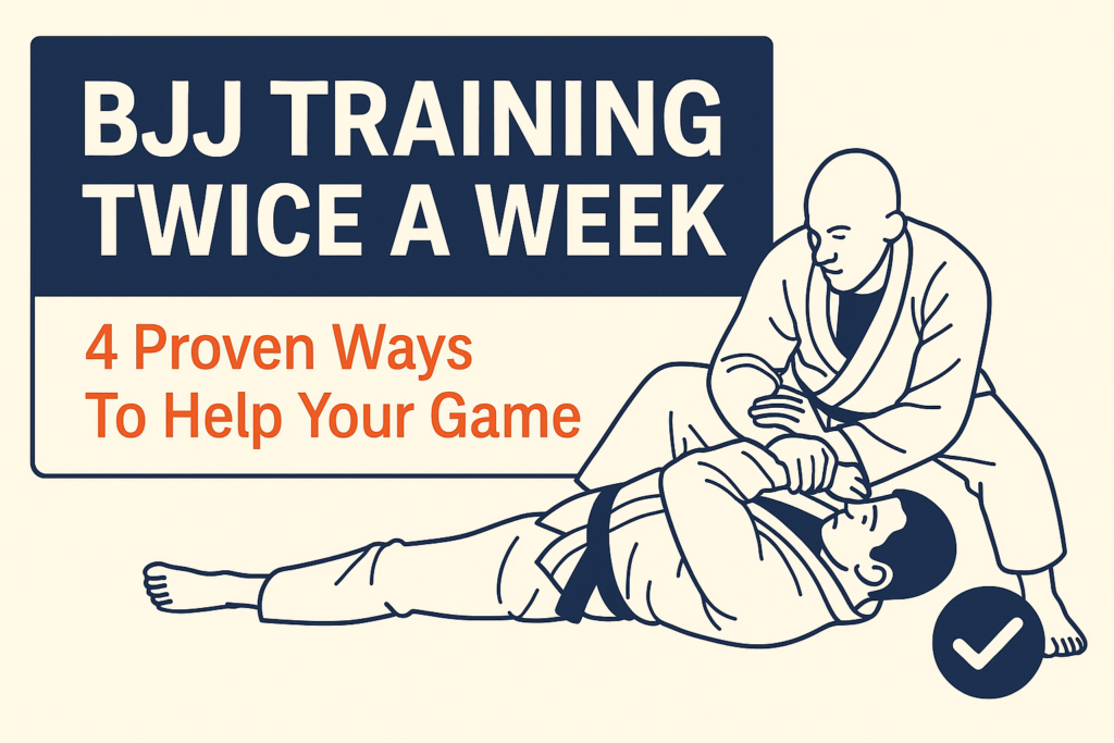Feature image for blog post titled BJJ Training Twice a Week | 4 Proven Ways To Help Your Game, showing two grapplers in Brazilian Jiu Jitsu with bold text overlay.