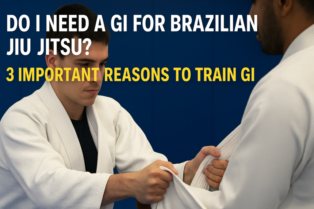 Beginner BJJ students wearing gis practicing grips during training with text Do I Need a Gi for BJJ?
