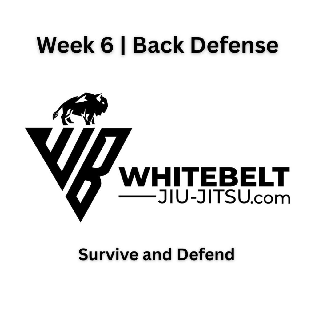 Module 1 Week 6 graphic for BJJ back control defense, showing key tips for surviving and escaping.