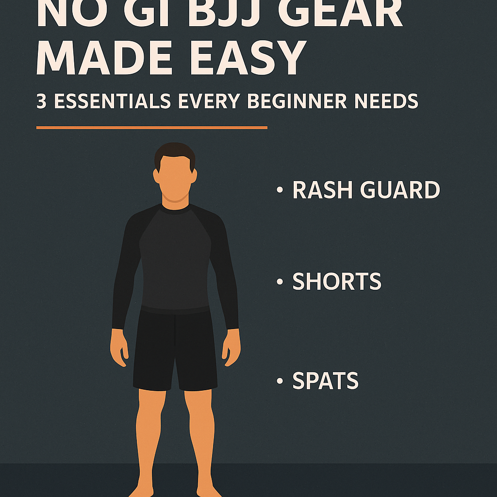 Illustration of essential no gi BJJ gear for beginners including rash guard, shorts, and spats