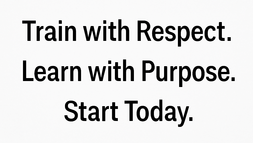 White Belt BJJ etiquette call-to-action text: Train with Respect, Learn with Purpose, Start Today.