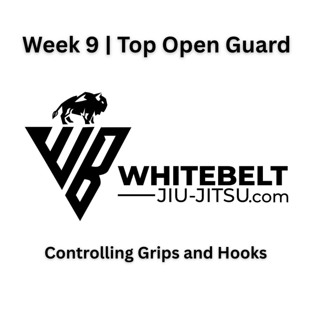Text graphic for White Belt BJJ Module 1 showing lesson title in bold white font on a solid background