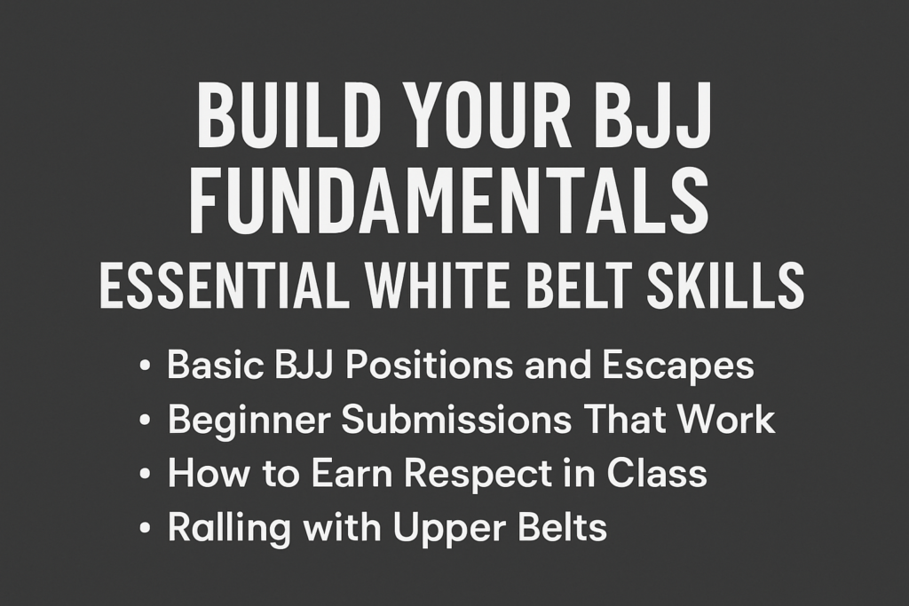 White Belt BJJ Training Guide – Complete Beginner Series text graphic for Brazilian Jiu Jitsu fundamentals