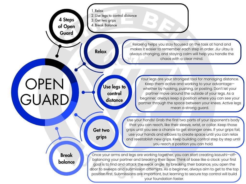 BJJ open guard basics chart with four focus points for beginners