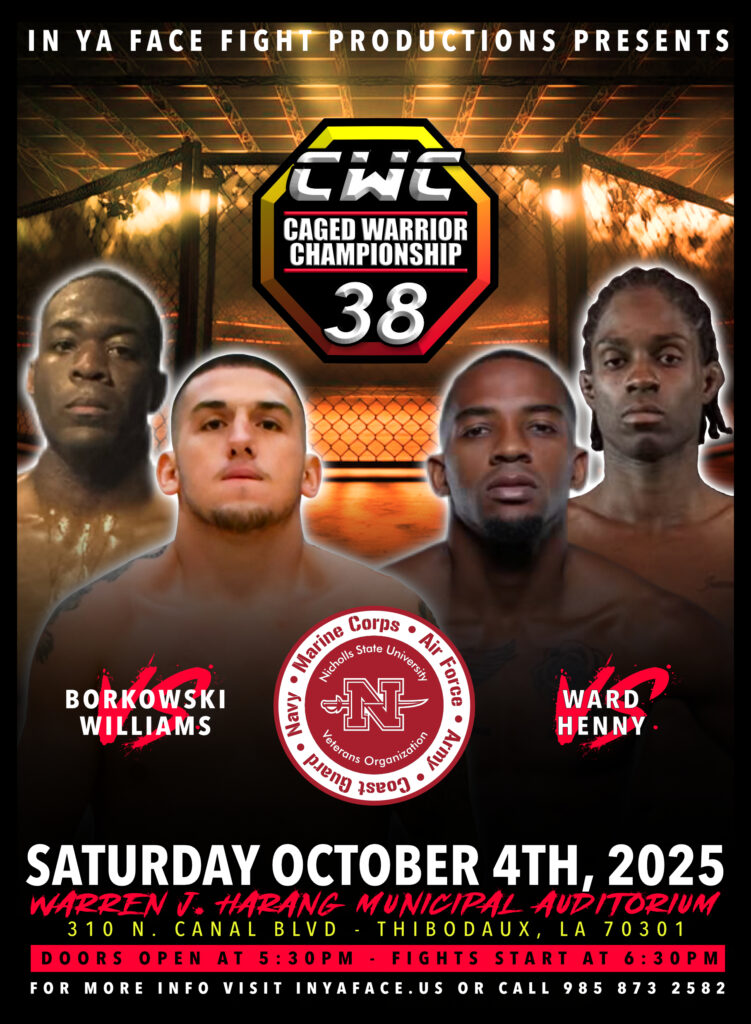 Official event poster for Thibodaux MMA CWC 38, featuring the main event headlined by Joe Borkowski and the co-main event matchup.