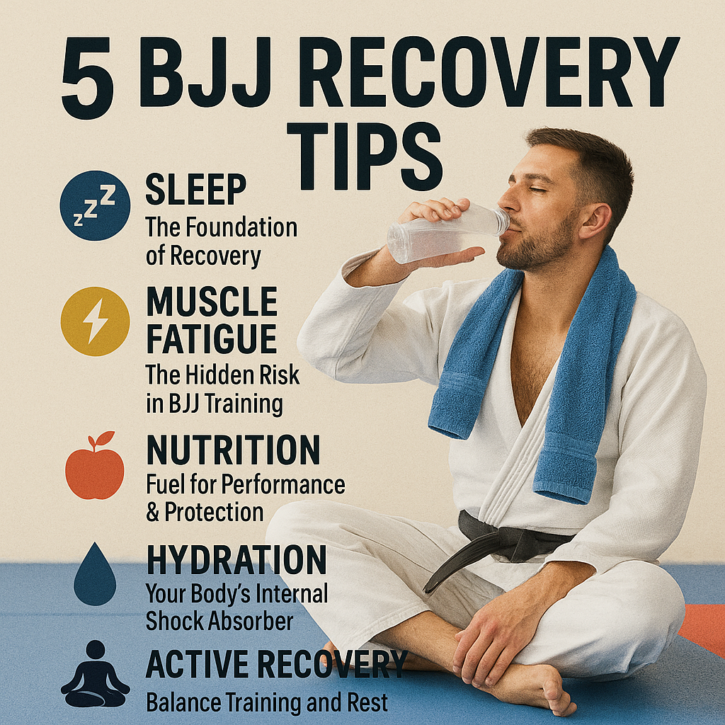 Infographic showing 5 BJJ recovery tips including sleep, muscle fatigue, nutrition, hydration, and active recovery with a Brazilian Jiu-Jitsu athlete resting and hydrating.