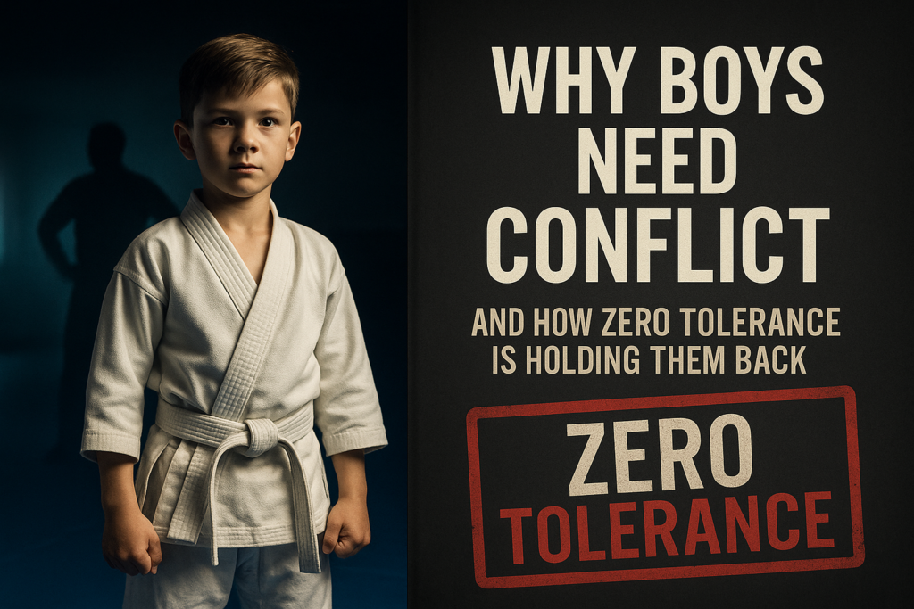 Young boy standing confidently on a martial arts mat with a shadow of a strong man behind him and the words ‘Zero Tolerance’ looming behind, symbolizing why boys need conflict.