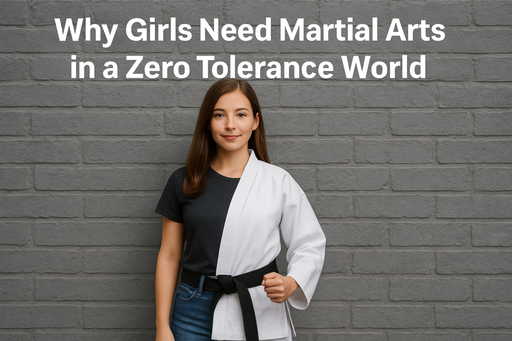 Split portrait of a confident girl, half in martial arts gi and half in regular clothing, representing why girls need martial arts in a zero tolerance world.