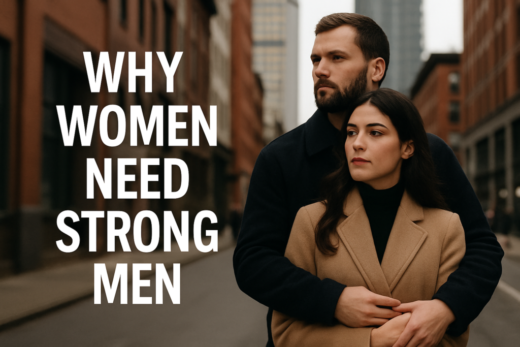 Strong man protecting a confident woman in an urban setting, illustrating why women need strong men in modern society.