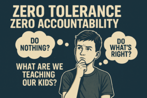 Conflicted student deciding between doing what’s right or staying silent under zero tolerance policy.