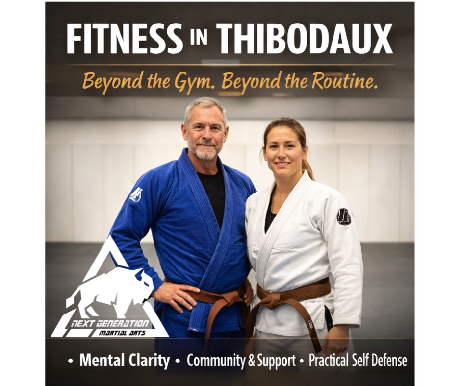 Fitness in Thibodaux shown through adult men and women standing side by side in a Brazilian jiu jitsu academy, training martial arts for community, confidence, and practical self defense