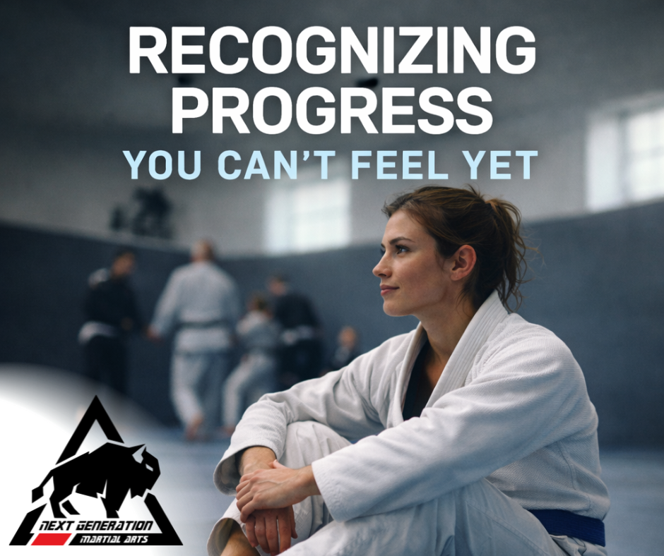 Recognizing progress in jiu jitsu as an adult female student trains calmly on the mat
