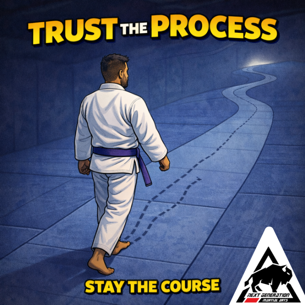 Illustration of a jiu jitsu practitioner walking a steady path on the mat, symbolizing trust in the training process and long-term mindset growth