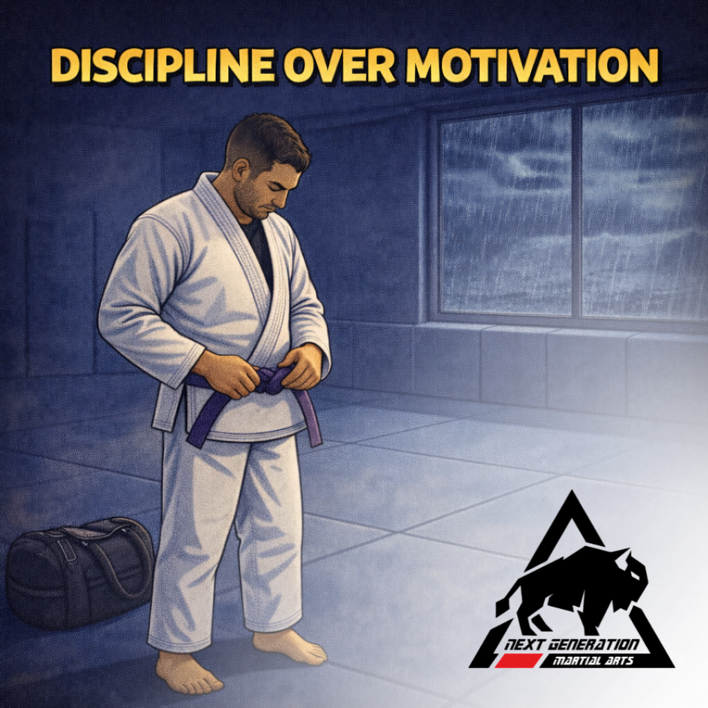 Illustration of a Brazilian Jiu Jitsu practitioner tying his belt in an empty gym, representing discipline over motivation and long-term training mindset development