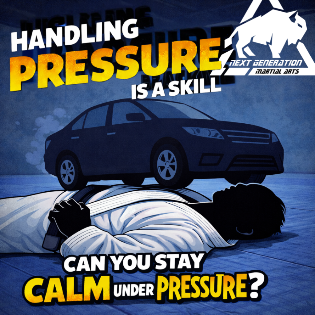 Handling pressure in jiu jitsu illustrated as a calm practitioner remaining composed under extreme weight on the mat