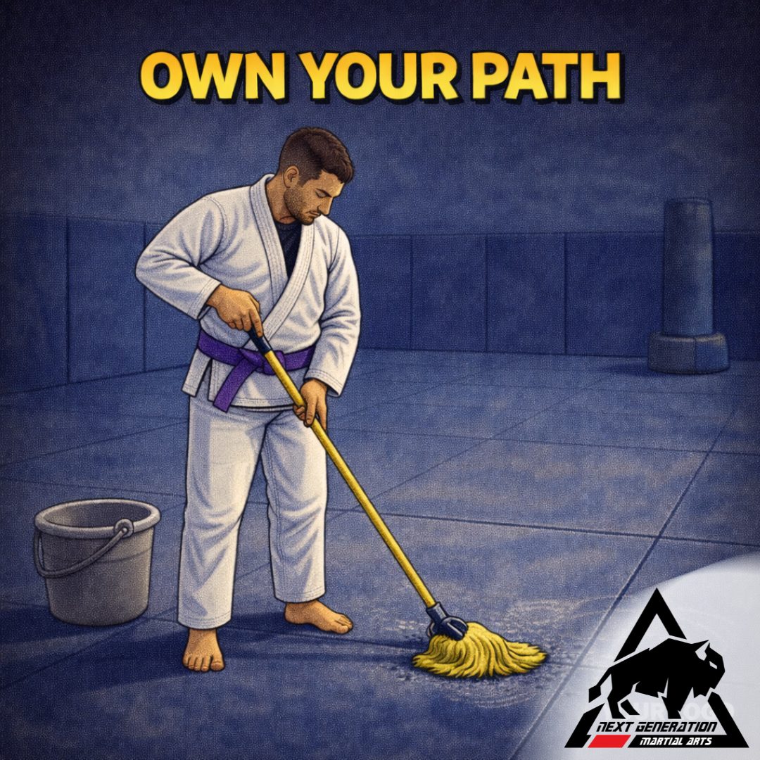 Illustration of a Brazilian Jiu Jitsu practitioner mopping the mat in an empty gym, representing ownership, personal responsibility, and long-term training mindset development