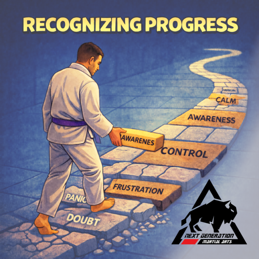 Illustration of a practitioner walking a brick path labeled calm, awareness, and control, representing recognizing progress in jiu jitsu and long-term training mindset development