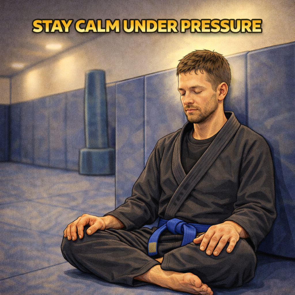Illustration of a Brazilian Jiu Jitsu student sitting on the training mat after a tough round, handling pressure in jiu jitsu and regain control of his thoughts.