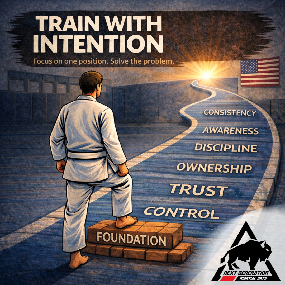 intentional jiu jitsu training illustrated by an adult white belt stepping onto a learning path built on foundation and focus in a Brazilian Jiu Jitsu academy.