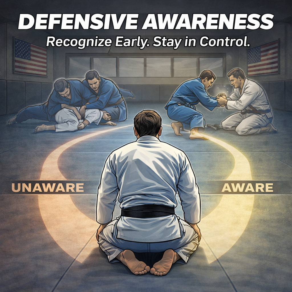 jiu jitsu defense awareness illustrated with early recognition versus unaware reaction showing prevention of bad positions