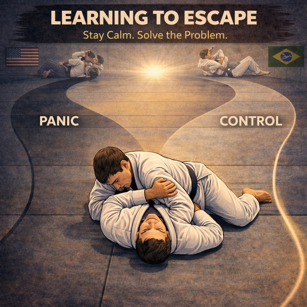 jiu jitsu escapes illustrated with side control showing calm control versus panic reaction and two training paths