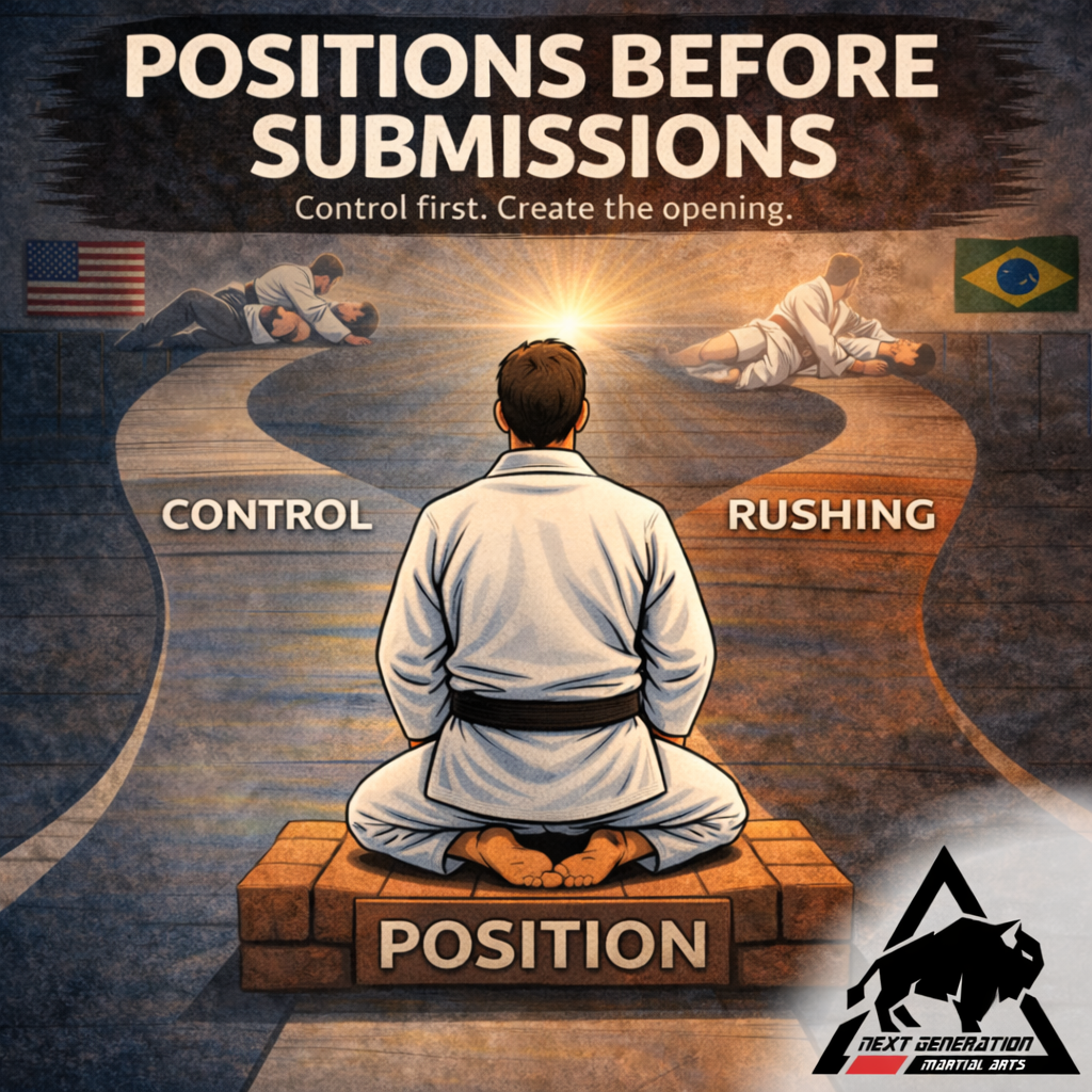 jiu jitsu positional control illustrated with two training paths showing rushing submissions versus controlled position leading to a finish