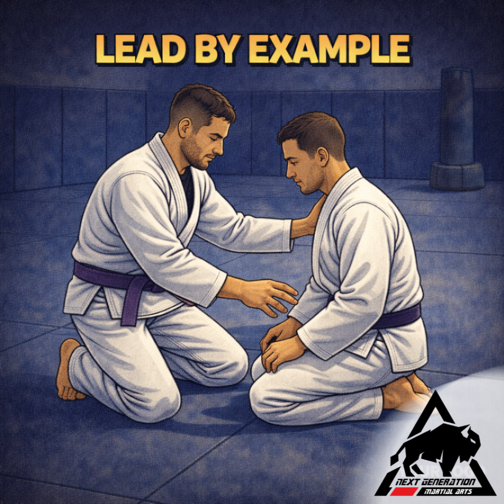 Illustration of a purple belt guiding a white belt during drilling, representing leadership through being a good training partner and long-term jiu jitsu training mindset development