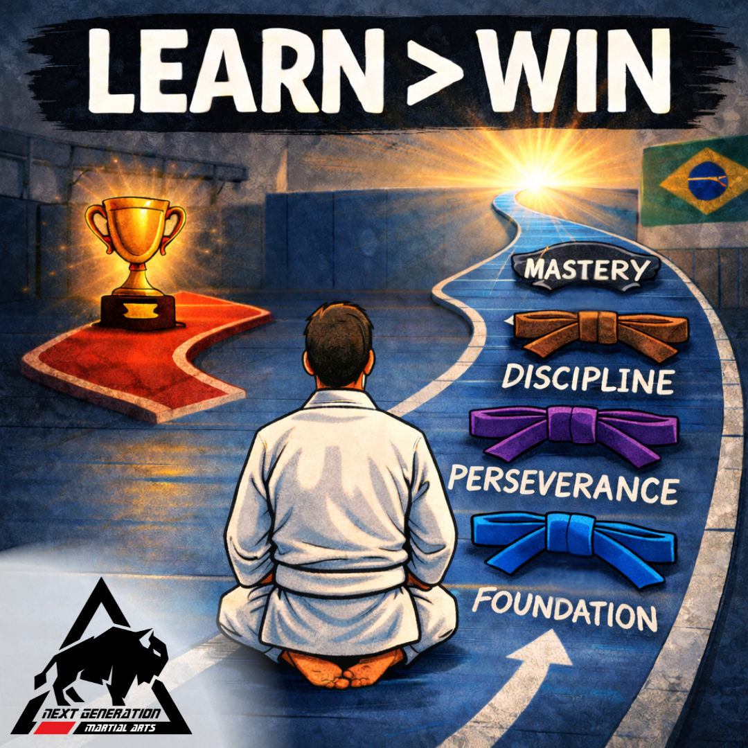 Adult white belt choosing between winning vs learning in jiu jitsu with a short trophy path and a long belt progression path toward black belt.